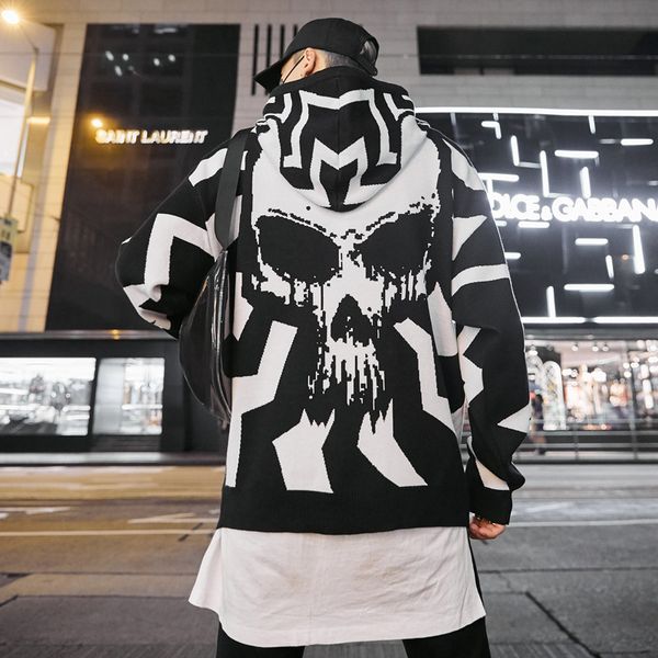 

hooded batwing sleeve knitted sweater men skull pattern hip hop sweater man round neck pull for 2019 fall loose pullover, White;black