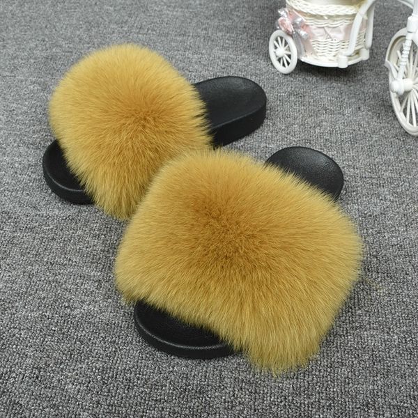 

new arrival indoor fluffy real fur slippers customized fox fur slides wholesale sandals with wider fur, Black