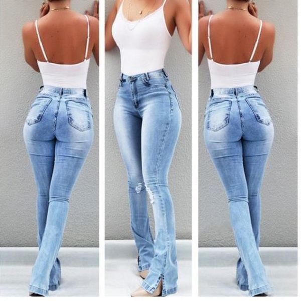 

2020 women's jeans casual slim stretchy denim waist jeans oversized long flare pants light blue trousers for women