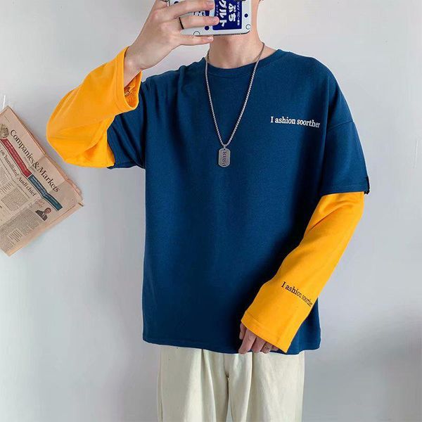 

cool sweatshirt men hip hop fake two pieces patchwork long sleeve pullover contrast hoodies sweatshirt hoodies men high quality, Black