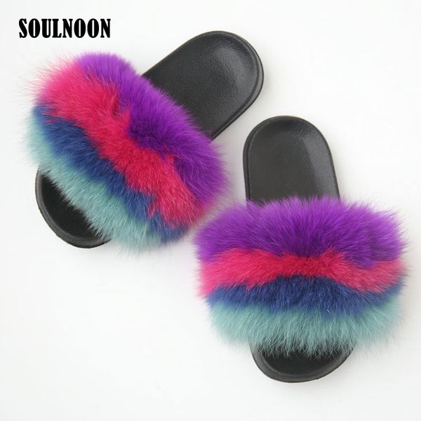 

summer fluffy flip flops mixed color real fur slippers furry slides female fuzzy home slippers flat plush shoes casual sandals, Black