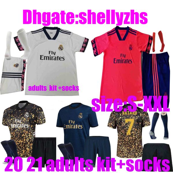 

adults kit+socks 2020 real madrid soccer jersey hazard soccer shirt asensio isco marcelo 19 20 21 full kit real madrid football uniform sets, Black;yellow