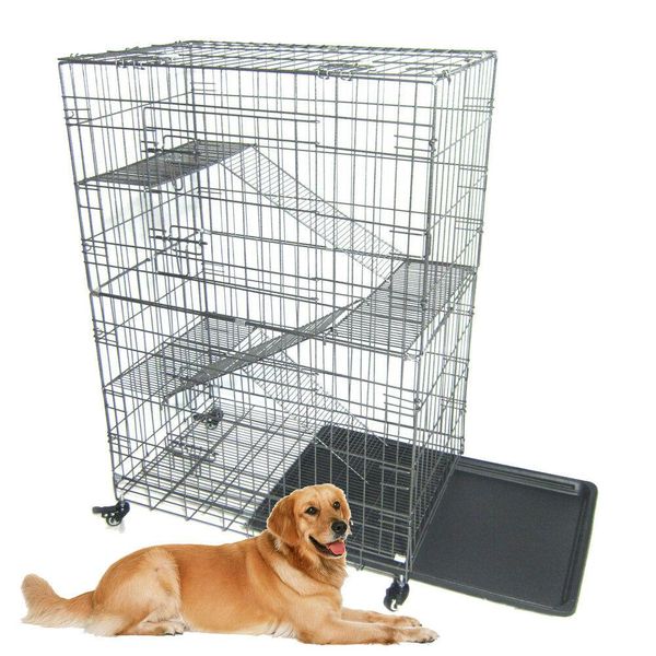 

large folding collapsible pet dog wire cage cat playpen with 3 ladders l silver