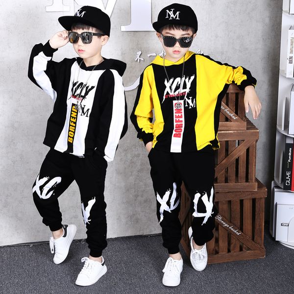 

trendy spring boys new big boy long-sleeved sweater two-piece childrens loose hooded childrens suit sportswear, Black
