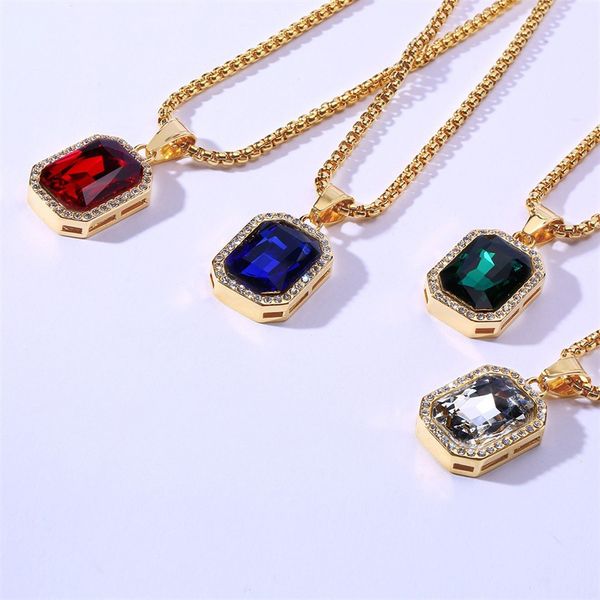 

four colors fashion men's stainless steel square glass pendant necklace link chain necklace jewelry gift for men women j1208, Silver