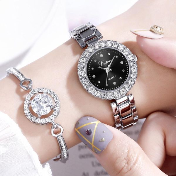 

2019 women watches luxury crystal bracelet watch set female silver steel belt quartz watch bangle set for lady gift, Slivery;brown