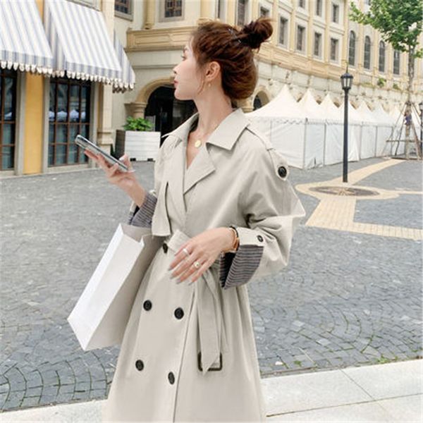 

mid-length british trench coats women's 2020 new autumn korean loose plus size classic windbreaker with belt female outerwear, Tan;black