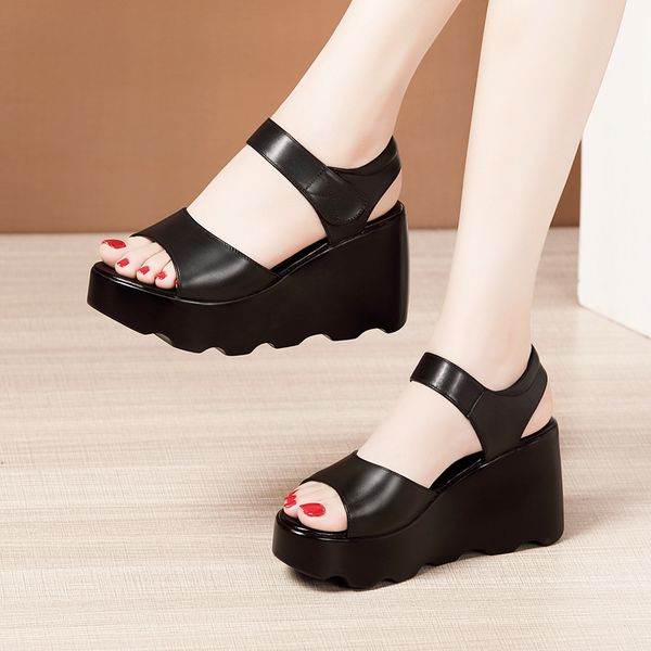 

gktinoo women's sandals plus size 33-43 summer open toe leather ladies shoe sandals women platform wedges heels female shoes, Black