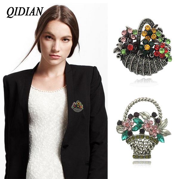 

qidian exquisite rhinestone flower basket brooches colorful rhinestone jewelry brooches male female clothing accessories gift, Gray
