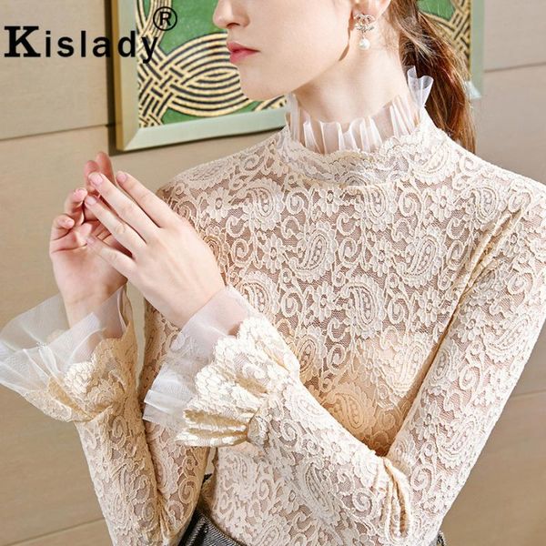 

2020 spring winter women's ruffled lace turtleneck collar long sleeve blouse plus size xxxl vintage sweet korean clothes, White