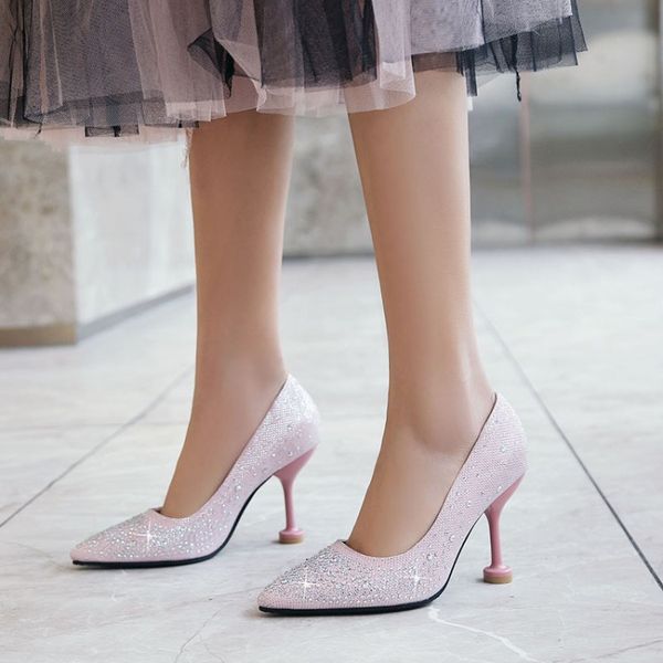 

big size 11 12 13 14 ladies high heels women shoes woman pumps high-heeled sandals with pointed shallow sequins, Black