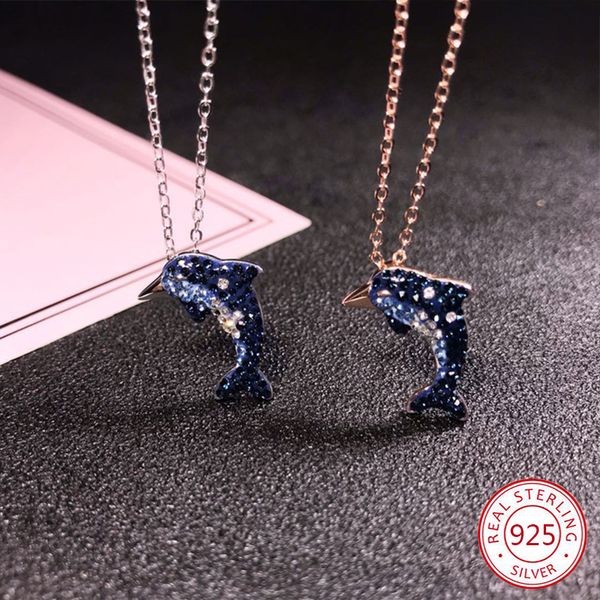 

100% s925 sterling silver pendant necklace personality fashion creative blue dolphin shape inlaid ochre clavicle chain jewelry