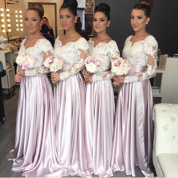 

vintage off shoulder long sleeve bridesmaids dresses a line lace applique long maid of honor gowns custom made bm0634, White;pink