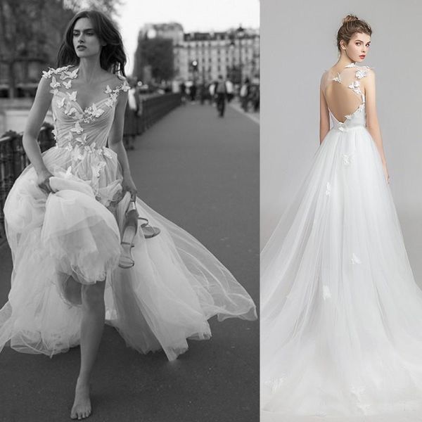 2019 Cheap Branco A-Line elegante recepção Casamento vestidos de festa Applique Floral 3D Backless Praia Formal Plus Size vestido de noiva