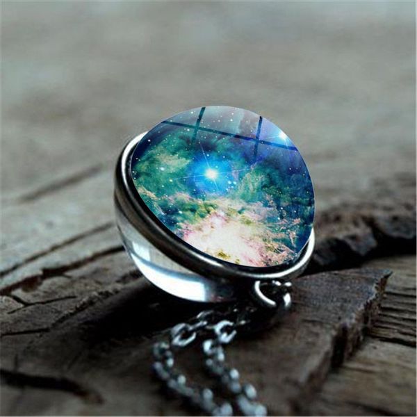

2018 new galaxy nebula double-sided glass ball pendant necklace universe space art picture handmade fashion necklaces for women, Silver