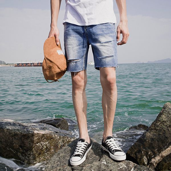 

men's jeans spring and summer new trend fashion hole shorts men's korean version of the five-point pants mc433, Blue