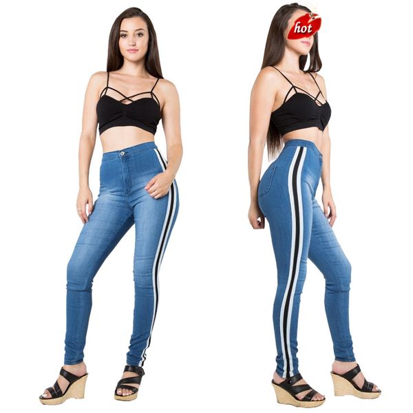 

womens jeans leggings washed elastic denim jeans women casual side stripe high waist pencil pants plus size o8r2, Blue