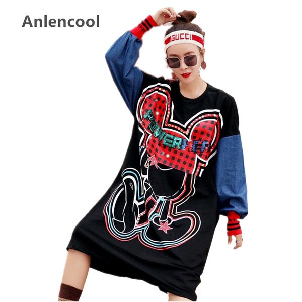 

anlencool cute cartoon patchwork design sequins long pullovers street wear denim spliced sleeve sweatshirts loose hoodies dress, Black