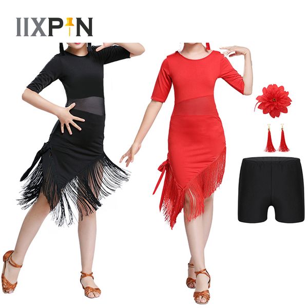 

tassel latin dance dress for girls children salsa tango ballroom dancing dress competition costumes kids practice dance clothing, Black;red