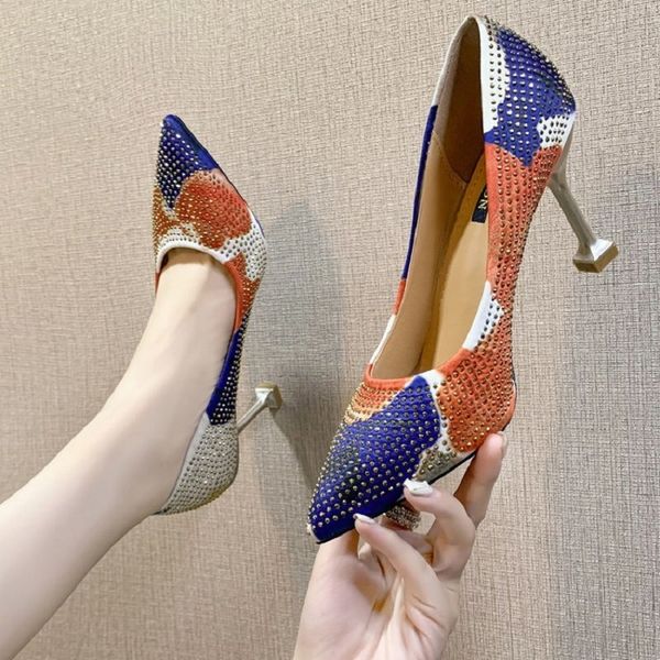 

designer women luxury rhinestone patchwork shoes brand female shiny shallow high heels shoes girl soft party weeding roman shoes, Black