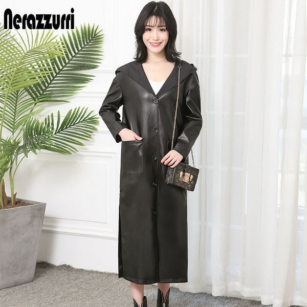 

nerazzurri long faux leather coat women hooded maxi long sleeve black spring autumn slit big size pu leather overcoat 5xl 6xl
