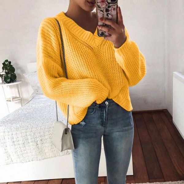 

oeak 2019 autumn casual pullovers solid sweater women loose v-neck long sleeves knitted office ladies soft sweaters, White;black