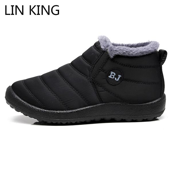 

lin king new men's ankle boots waterproof slip on man snow boots warm fur winter cotton shoes soft sole anti skid short botas, Black