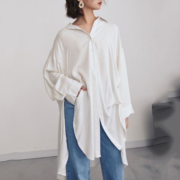 

ewq 2020 spring long sleeve turn down collar white loose size irregular dress women mh973