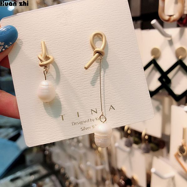 

huanzhi ins new design s925 sterling silver gold matte metal knot natural freshwater pearl asymmetric long earrings for women, Golden