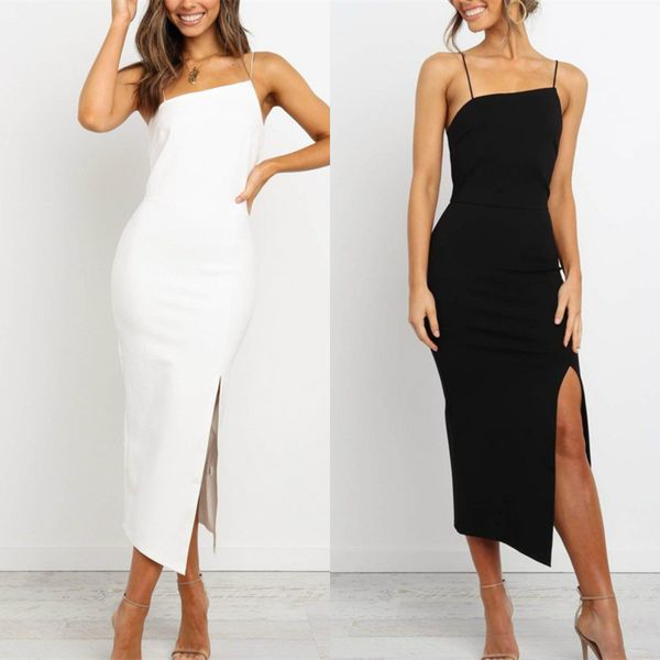 

black mermaid elegant evening dresses spaghetti strap sleeveless high-split prom dress satin knee-length formal party dress, Black;red