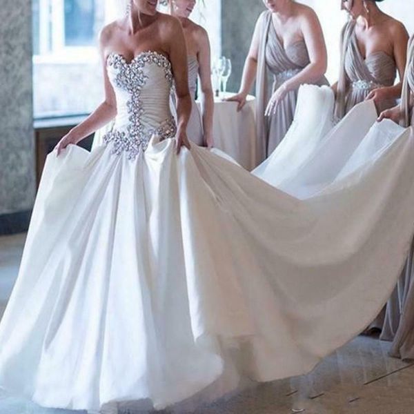 

sparkly luxurious sweetheart us2-28w handmade rhinestones crystal princess satin wedding dresses long train bridal gown 2019 beads fashion, White