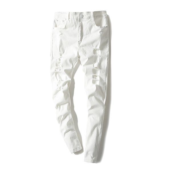 

men solid holes white jeans new fashion male slim elastic cowboy trousers white and black stretch stuff jeans size 36, Blue
