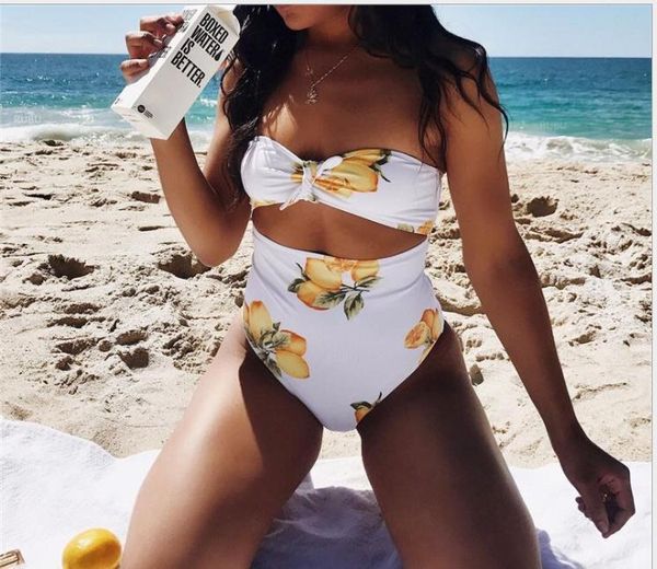 

ladies'swimsuit with lemon print knots and bikini waist hollow sexy