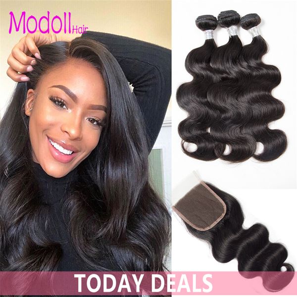

indian human hair weave body wave 3/4 bundles with closure natural color raw indian remy virgin hair bundles with lace closure, Black;brown