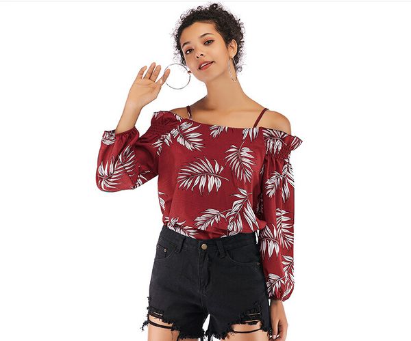 

2019 новый fashiom лето завод печати женщин блузки slash шеи печати шифон сексуальная футболка повседневная женский плюс размер рубашки, White