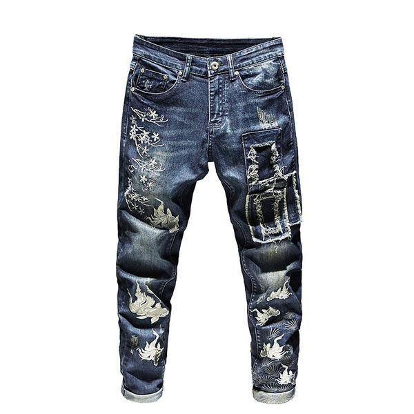 

2019 new brand designer men's jeans embroidery pants fashion hole pants street style locomotive men's us size 28-38, Blue
