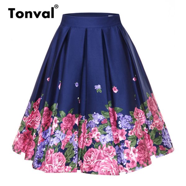 

tonval retro floral print vintage pleated skirts womens 2019 high waist plus size midi skirt cotton summer 4xl swing skirt, Black;gray