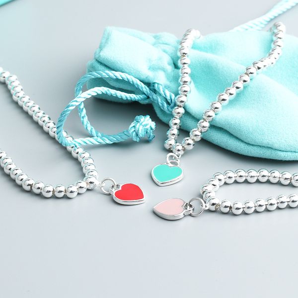 

s925 sterling silver blue heart bracelet beaded red heart-shaped beads blue enamel lovely beads bracelet female hair, Golden;silver