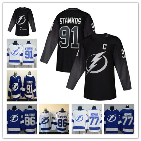 

2019 Tampa Bay Lightning Jersey Steven Stamkos 86 Nikita Kucherov Tampa Bay Lightning Black Hockey Jersey 77 Victor Hedman Jersey white blue