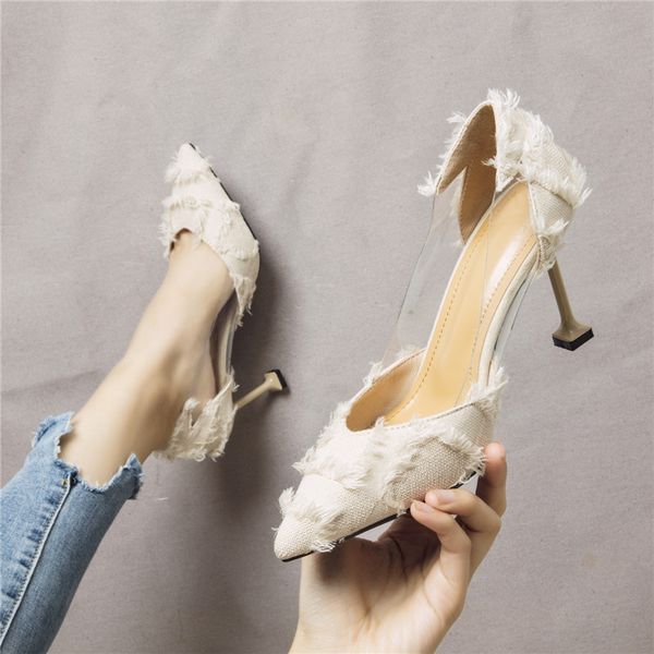 

transparent stiletto summer women's shoes sandals ladies gold lace up heels 2019 slip om all-match shallow mouth pointed pumps, Black