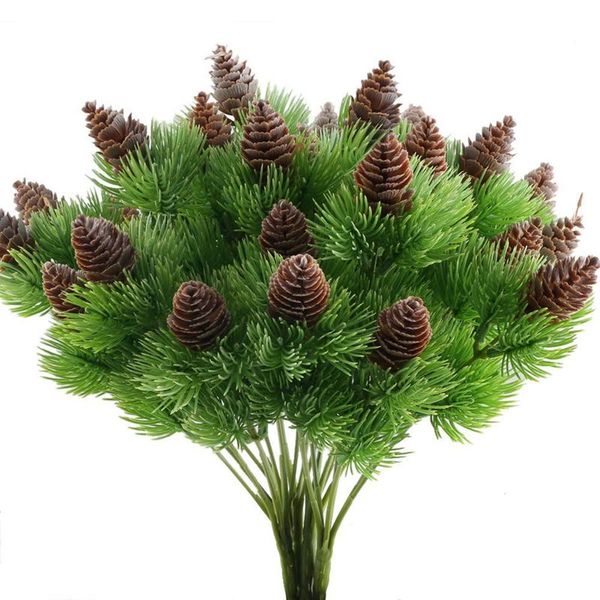 

4pcs fake cedar pine branches with artificial pine cones plastic shrubs faux greenery bushes bundles table centerpieces arrang