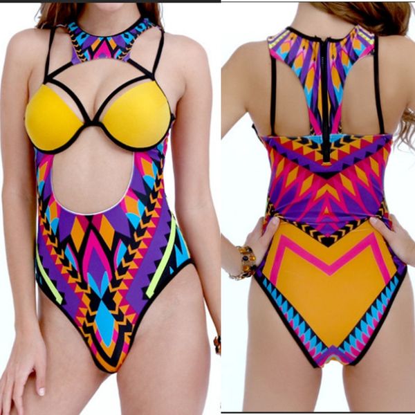 

2019 summer new women's swimsuit triangle one-piece bikini totem print bathing suit back zipper swimwear