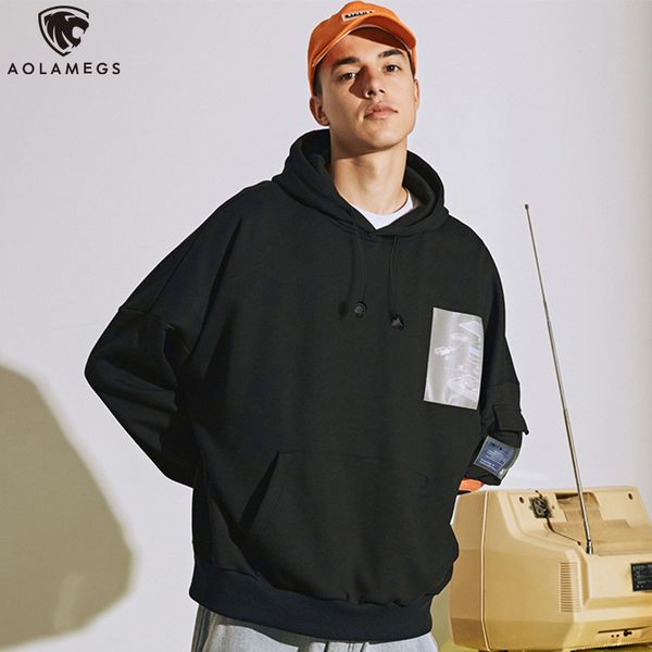 

aolamegs hoodies men sleeve pockets men hooded pullover solid color oversize simple style sweatshirt lover autumn streetwear, Black