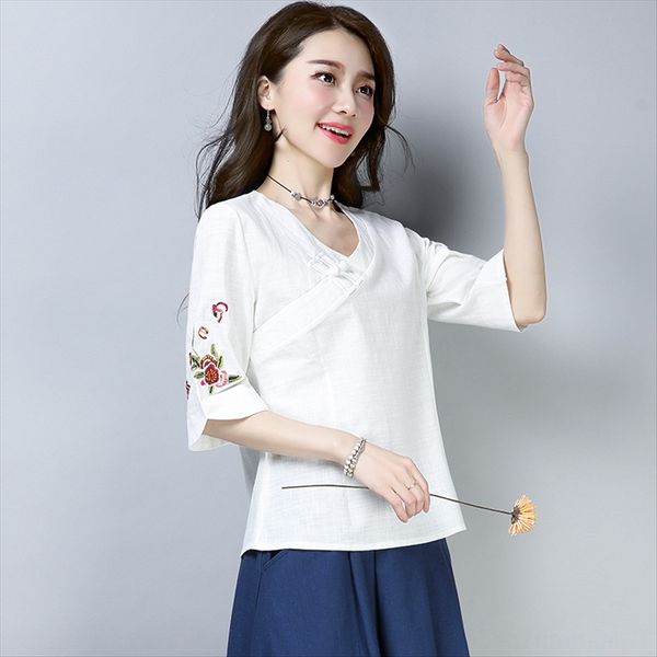 

women's 2020 casual embroidery and v-neck t-shirt loose short sleeve t-shirt cotton linen embroidered cotton and linen women's sum, White