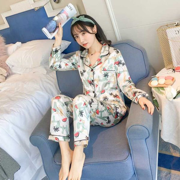 

свежие фрукты пижама для женщин поддельный slik пижамы комплекты 2019 новые 2 шт костюм главная wear женщины длинные рукава атласная ночное, Blue;gray