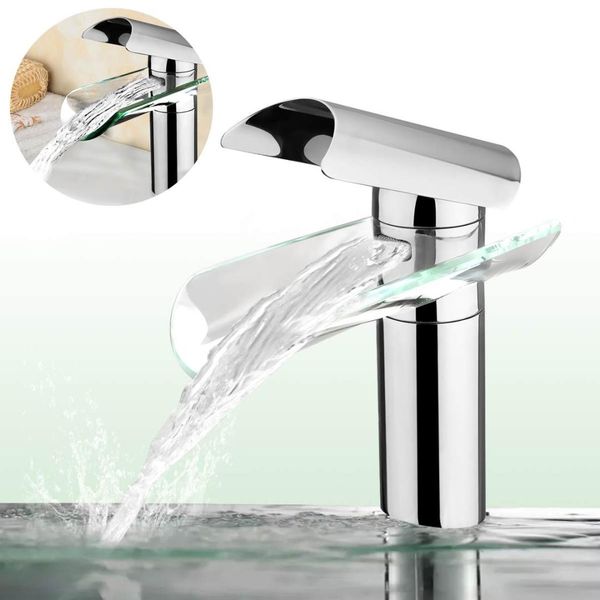 

modern glass waterfall bathroom faucet chrome brass basin sink mixer tap single handle water faucet cold and deck mounted