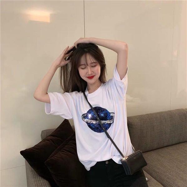 

women 3d printed t shirts summer fashion star short sleeved girls designer sequins women g shirts, White