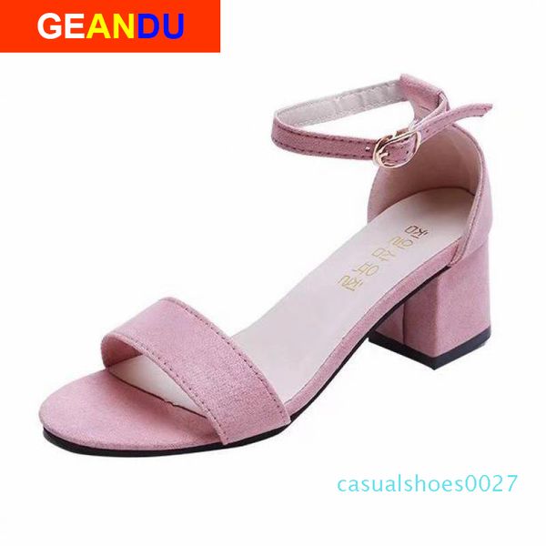 

summer open toe shoes women's sandles square heel shoes korean style gladiator high heels sandals women ankle strap black pink c27