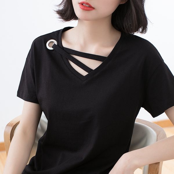 

summer 2020 loose large size slim half-sleeve strap v-neck short-sleeved t-shirt t-shirt female, White