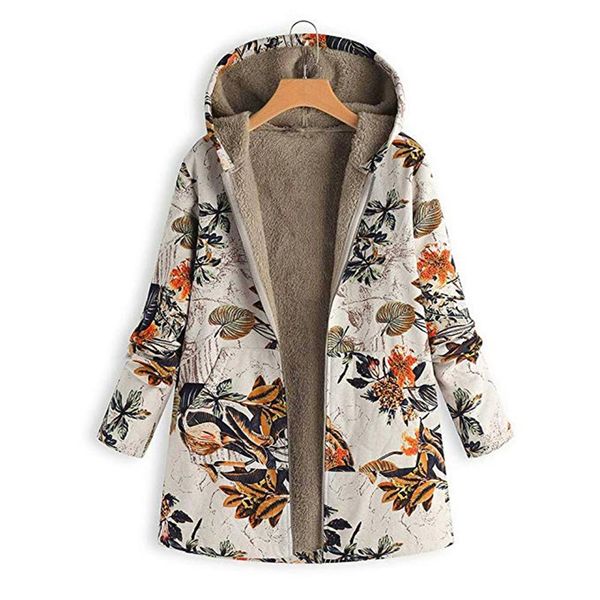 

jacket cotton 5xl woman plus size winter coat floral print hooded thick outwear causal loose warm pockets long sleeve coats, Black